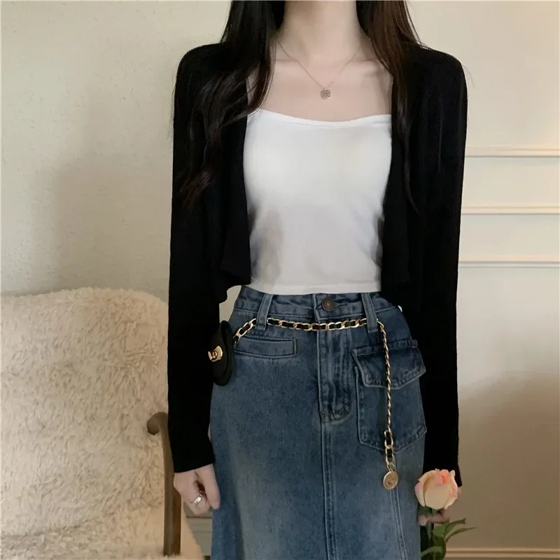 Вязаный кардиган женский летний свободный короткий топ с длинными рукавами