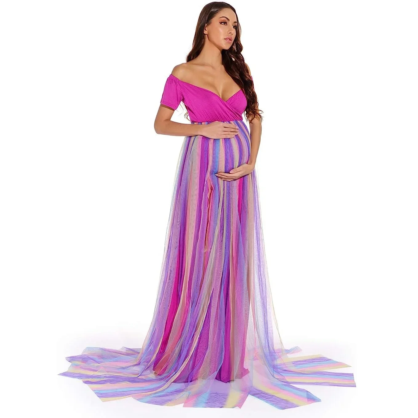 Радужное платье для беременных с открытыми плечами фотосессии будущей матери