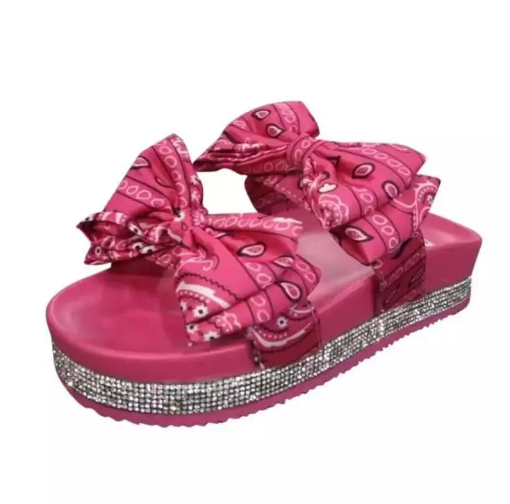 Large size bow sandals 2022 women new thick-soled mid-heel rhinestone satin slippers outdoor wild beach ms flip flop 36-43
