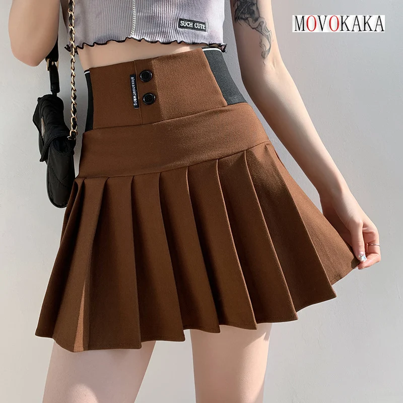 

MOVOKAKA Ladies Y2K Elastic Pleated Skirts Women High Waist Button Letters A-line Skirt Girls Kawaii Solid All Season Sexy Skirt