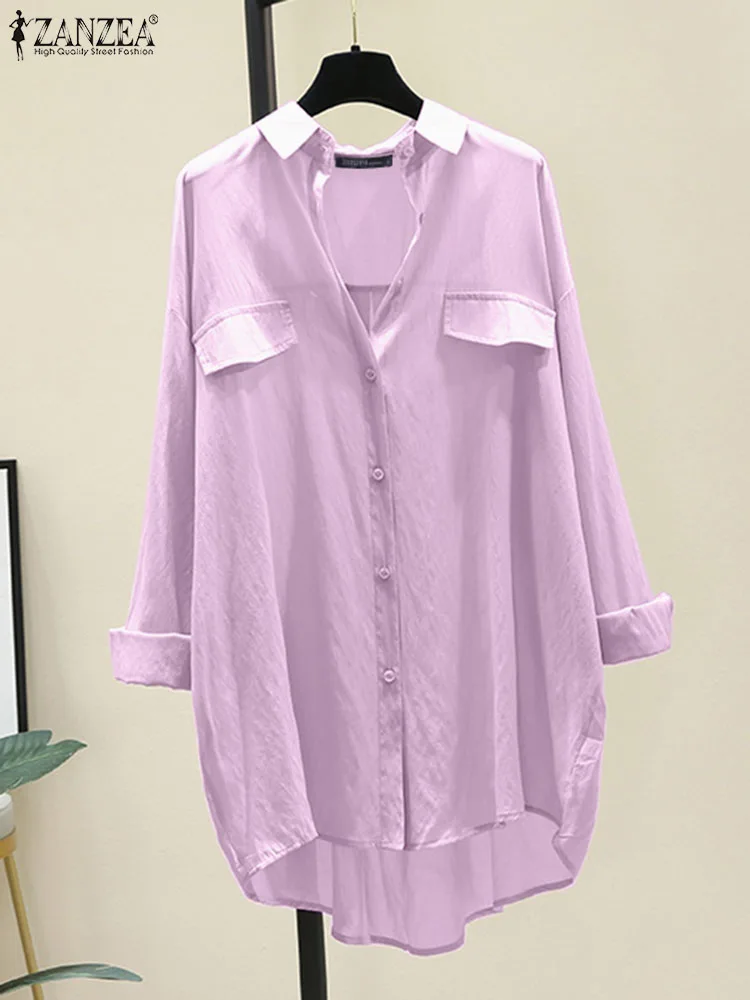 

Рубашка ZANZEA Женская с длинным рукавом, повседневная однотонная блузка с воротником с лацканами, офисная блузка оверсайз с пуговицами, весна...
