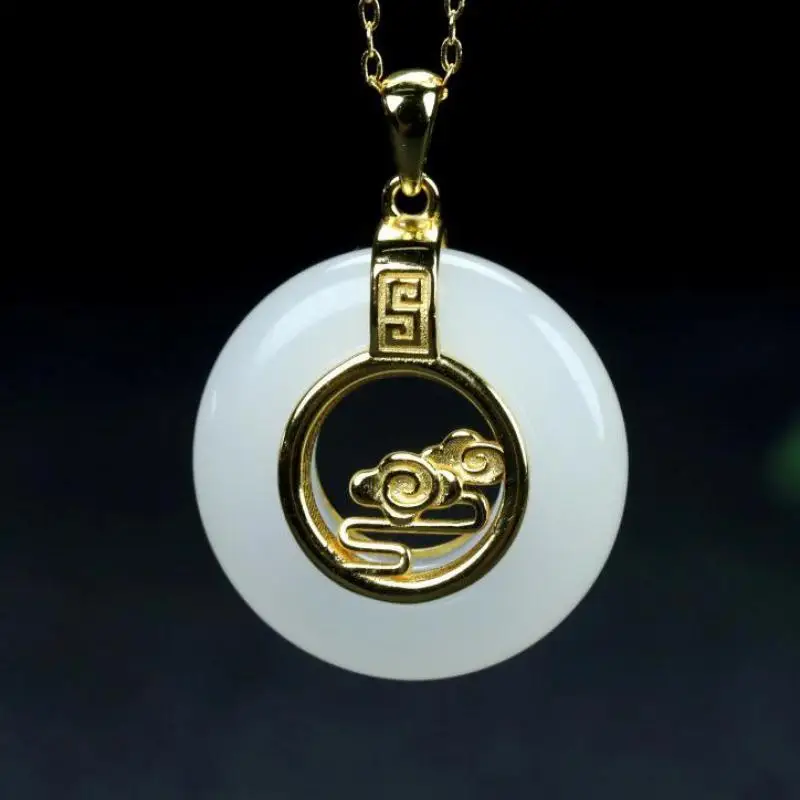 

White Jade Golden Cloud Pattern Donut Pendant 925 Sterling Silver Hetian Jades Nephrite Round Charms Necklace Women Fine Jewelry