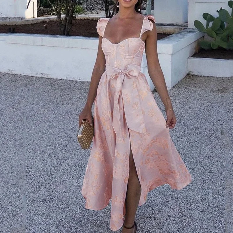 

Elegant Low Chest Ruffles Party Dress Summer Floral Print Flying Sleeve Dresses Female Off Shoulder High Split A-line Long Dress
