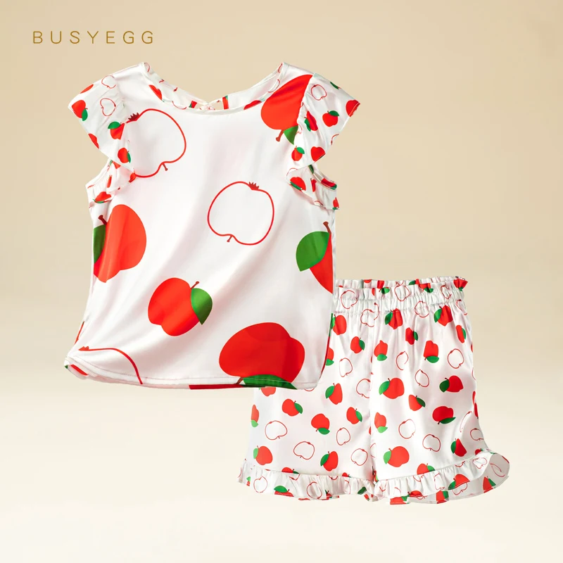 

Sweet red apple girls' silk short sleeved shorts home clothes Set Girls' baby natural silk pajamas 2022 new kids homewear set
