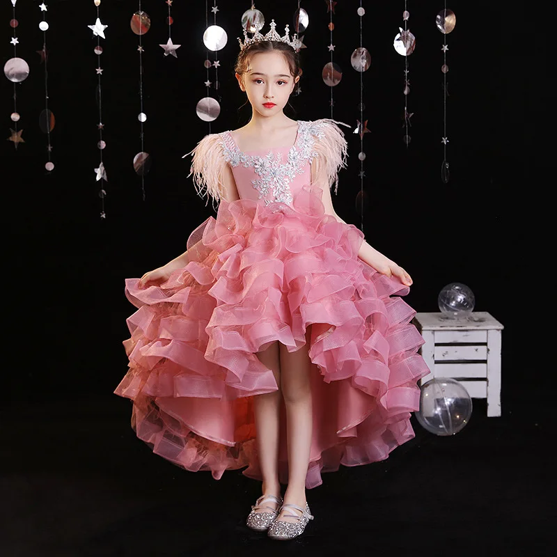 

2022 summer Baby clothes teens Pageant ball gown Tuxedo wedding feather Sequin fluffy Princess Party Dress for girls dress