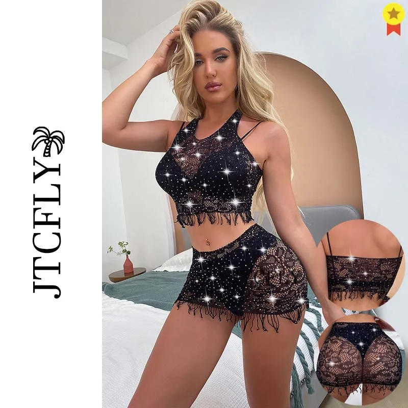 

Women's Rhinestones Glitter Underwear Set Sexy Beauty Halter Lace Mesh Bra and Panty Sets Hollow Embroidery Lingerie Intimates
