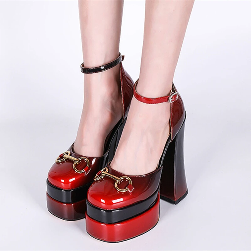 

Beautiful Gradient Color Ankle Strap Pumps Shoes for Ladies Square Toe Buckle Thick High Heel Sandal Platform Metal Decor