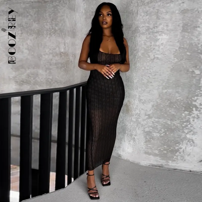 

BoozRey Solid Mesh Transparent Elegant Dresses for Women Sexy Backless Spaghetti Strap Bodycon Maxi Dress Summer Party Clothes