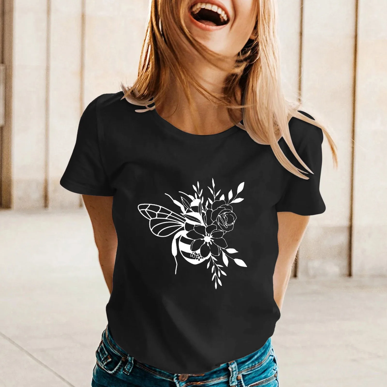 

Женская Повседневная футболка с коротким рукавом и круглым вырезом с принтом пчелы на весну и лето, хлопковая футболка с длинным рукавом, женская футболка средней длины