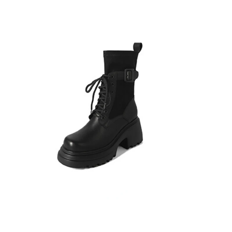 

Женские ботинки на платформе, Черные ботильоны на плоской платформе, с металлической пряжкой