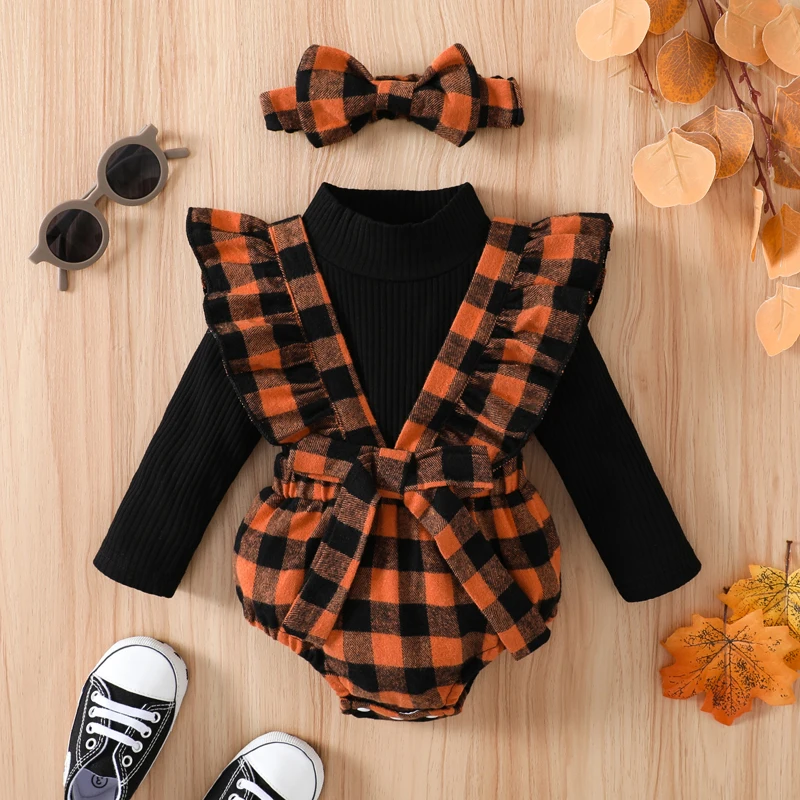 

Baby Girls Halloween Outfit, High Collar Long Sleeve Ribbed Tops +Plaid Splicing Bow Suspender Romper +Headwear 0-18Months