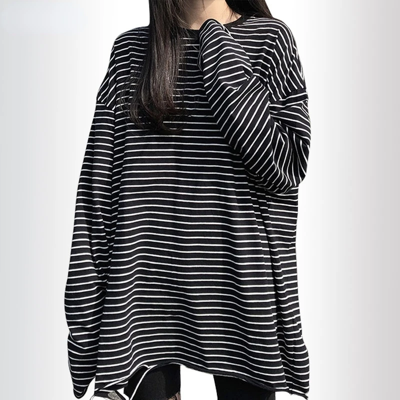 

black stripe T Shirt Women Tops Tees O-neck full Sleeve Female T-Shirts Streetwear Oversized new Women's casual long Top T-Shirt