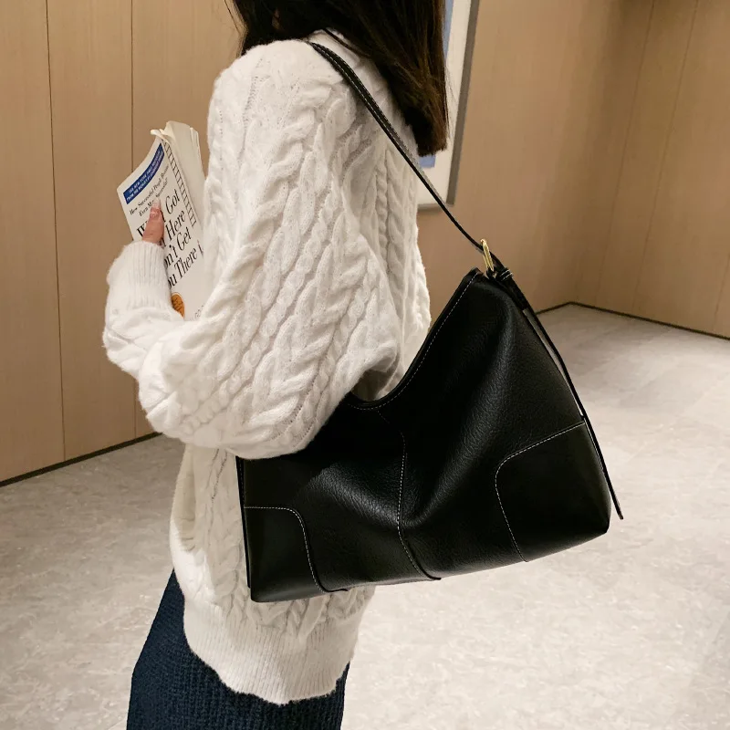 Retro PU Splice Contrast Shoulder Bag Fashion Crossbody Bags Women Large CapacityTote Handbags Versatile Satchel Commute Storage
