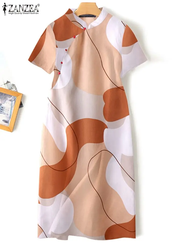 

Винтажное платье-Ципао ZANZEA с коротким рукавом, женское элегантное платье миди с воротником-стойкой и принтом, летние открытые платья 2023