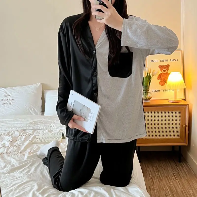 Yasuk Spring Autumn Fashion Women's Casual Soft Milk Silk Sleepwear Homewear Pajamas Set With Pants Splicing Colors Simple Girl
