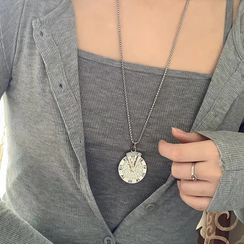 

Clock Titanium Steel Pendant Necklace For Women Y2K Trendy Korean Silver Color Chain Jewelry Streetwear Accessories