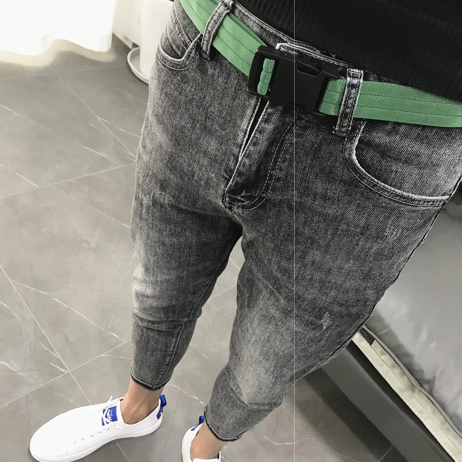 

Slim Gray Embroidery Micro-span Amoi Belt Ankle Length Jeans Men's Spring Feet Korean Micro-elastic Casual Cotton Pencil Jeans