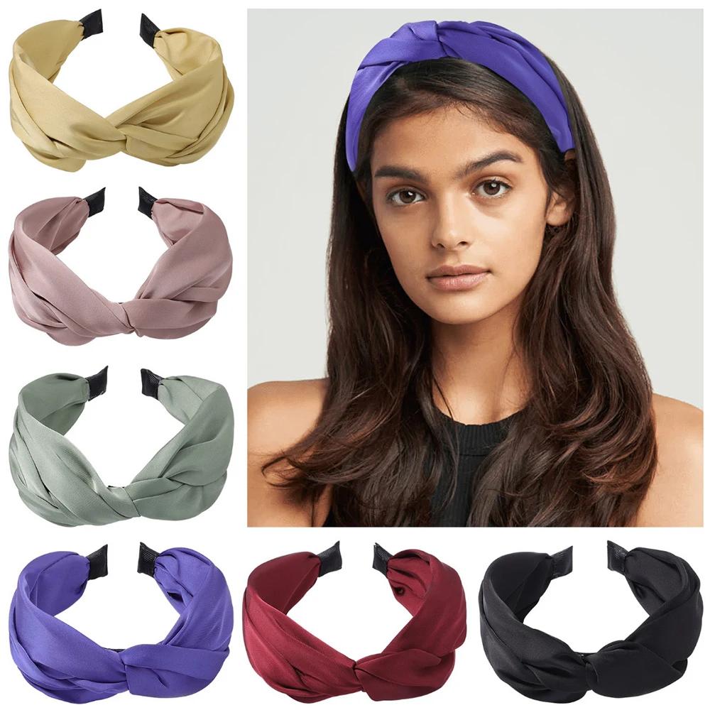 

New Solid Color Yoga Sports Hairbands Twisted Knotted Headband Satin Cross Hair Hoop Wide Brimmed Head Hoop Hair Accessories