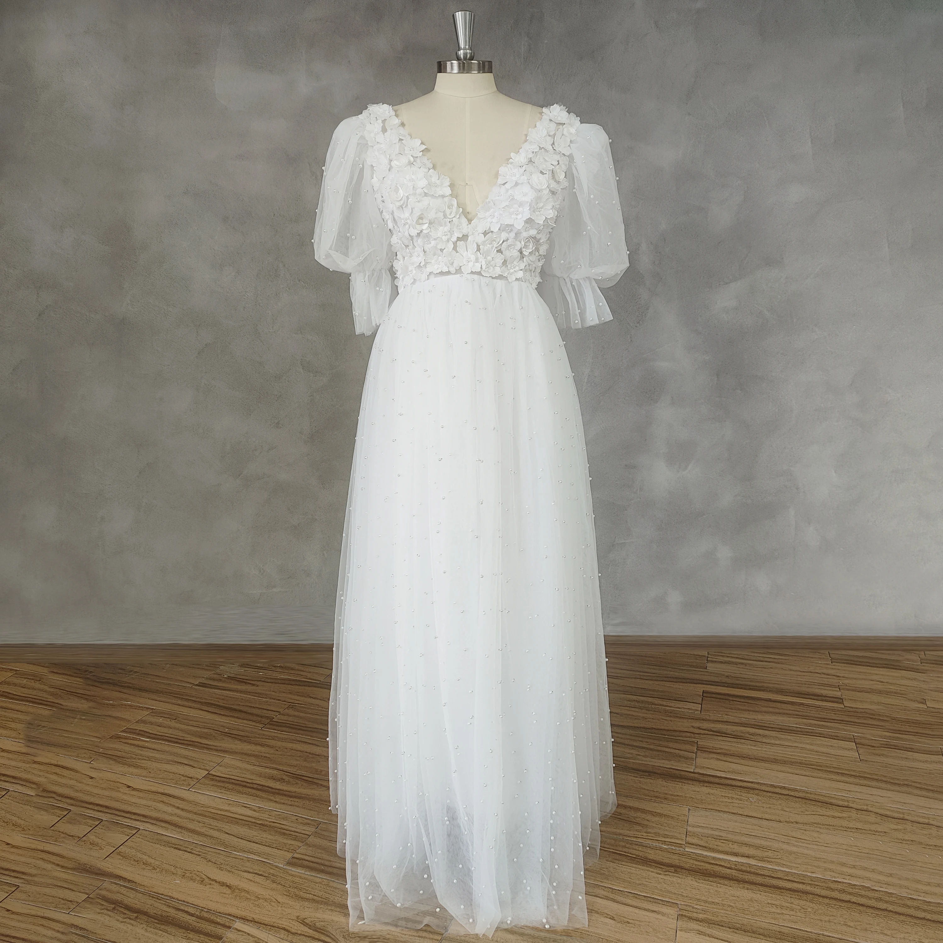 

Женское свадебное платье из тюля DIDEYTTAWL, ТРАПЕЦИЕВИДНОЕ ПЛАТЬЕ С 3D цветами, рукавами-фонариками, глубоким V-образным вырезом и открытой спиной, свадебное платье до пола