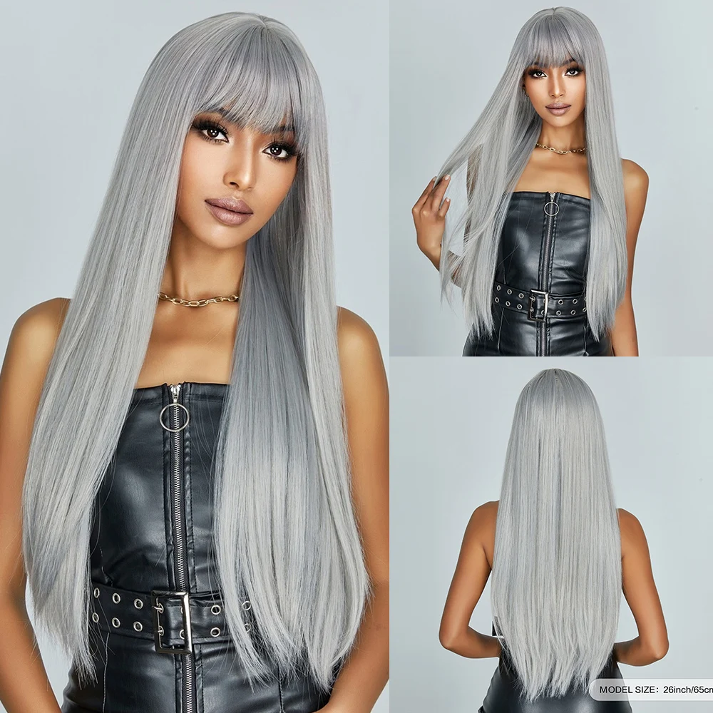 

Long Silky Straight Synthetic Wigs Silver Gray Hair Wigs with Bangs for Women Daily Party Cosplay Natural Heat Resistant Fibers
