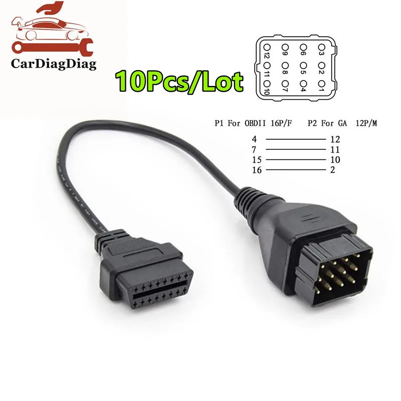 10Pcs/Lot OBD2 Connector Adapter Truck Cable For GAZ 12Pin to OBD2 16Pin Connector For GAZ 12 Pin Male To 16pin Female Free Ship