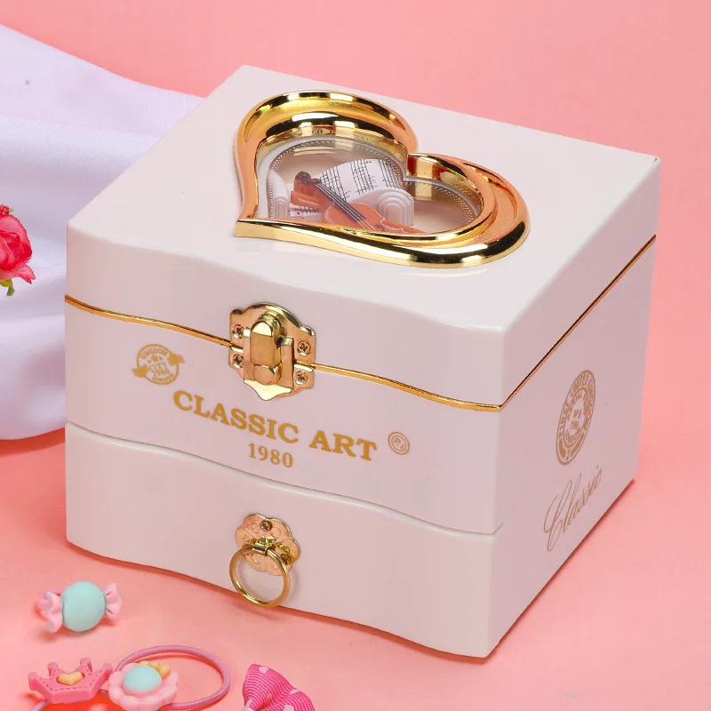 PLastic Jewellery Box Heart Shape Dancing Ballerina Music Box Carousel Hand Crank Music Box Mechanism Gift For Valentine's Day