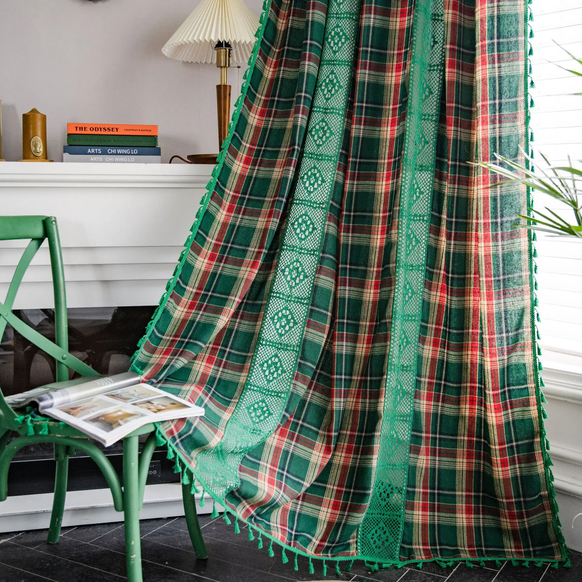 

Green Plaid Patchwork Sheer Detail Polyester Linen Curtain - Semi-Blackout for Living Room, Bedroom, Kitchen Divider