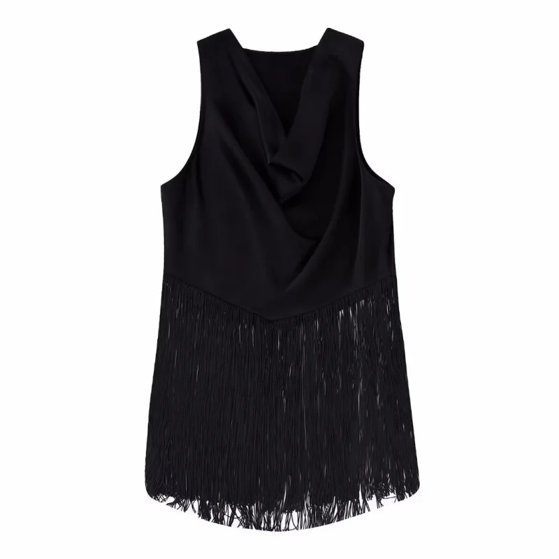 

Новинка, женский Шелковый Атласный топ с бахромой, Модный черный жилет без рукавов, Модный повседневный свободный уличный стиль
