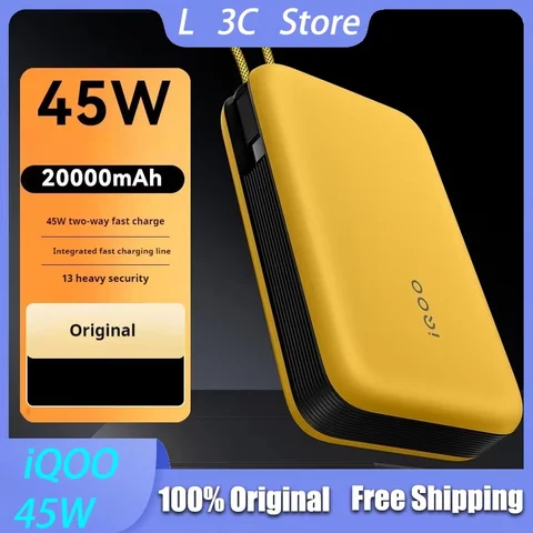 iQOO 45 Вт Power Bank Flash Charge 20000 мАч Встроенный кабель высокой емкости Двусторонняя быстрая зарядка Портативный Power Bank Оригинальный заказ