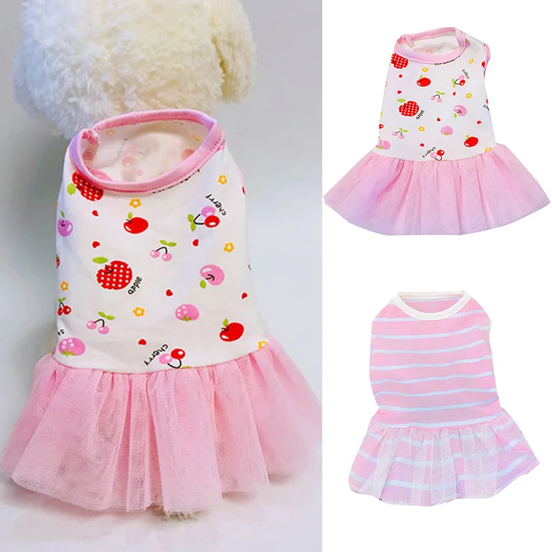 

Cherry Print Dog Tutu Skirt Pet Clothes Colorful Tulle Vest Shirt Striped O-neck Thin Mesh Princess Dress For Small Medium Dogs