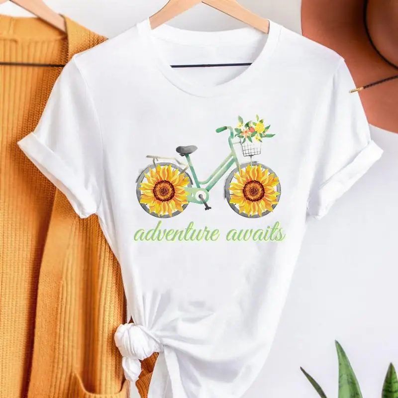 

Print T-shirts Fashion Flower Bike Lovely Cute Women Cartoon Summer Shirt Stylish Short Sleeve Graphic T Top Female Tee T-Shirt