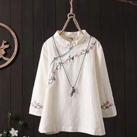 new plus size vintage embroidery cotton linen t shirt women summer v neck loose casual chinese style buckle top female tee m 4xl