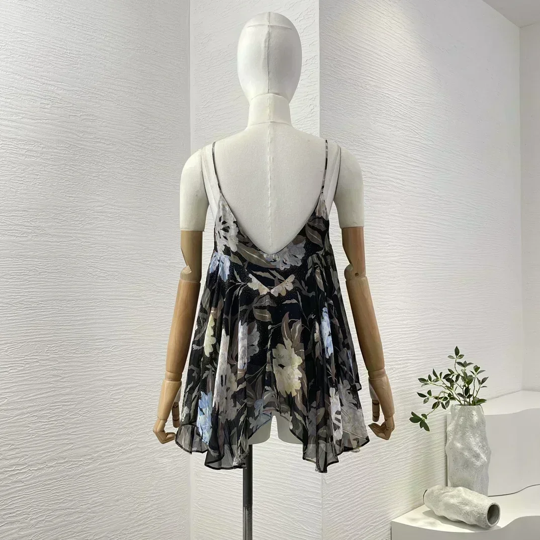 Высококачественная женская черная блузка без рукавов с цветочным принтом и