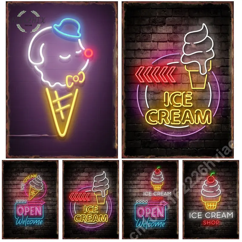 

Neon Ice Cream Metal Tin Sign Poster for Shop Open Welcome Cute kawaii Painting Picture Art Aesthetic Home Decoration Room Decor