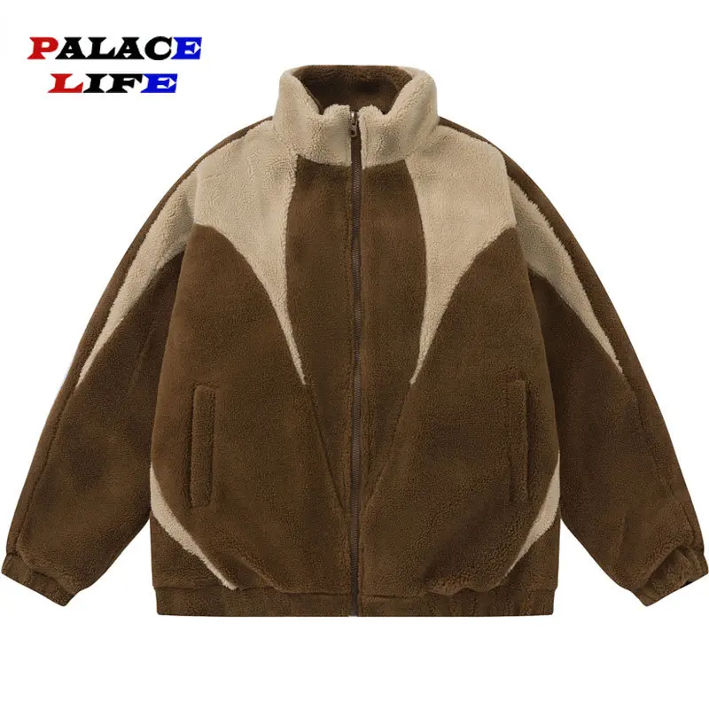 Winter Plush Jacket Paraks Men Streetwear Vintage Color Block  Fleece Lambswool Coats Women Thicken Warm Padded Jackets 2022