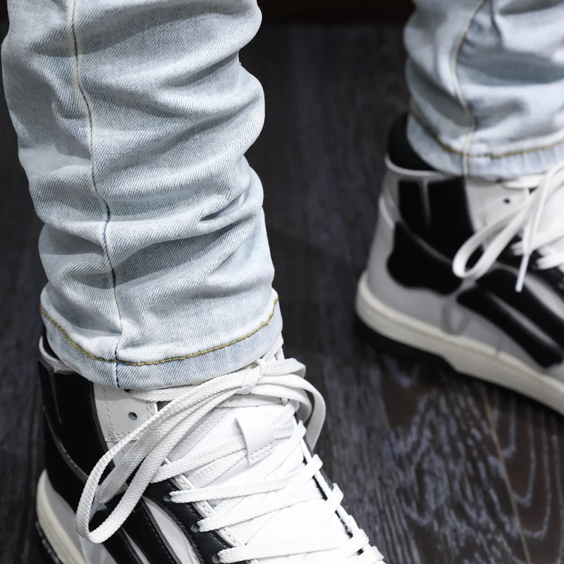 High Street Fashion Men Jeans Retro Light Blue Elastic Stretch Skinny Hole Ripped Jeans Men Patched Designer Hip Hop Brand Pants