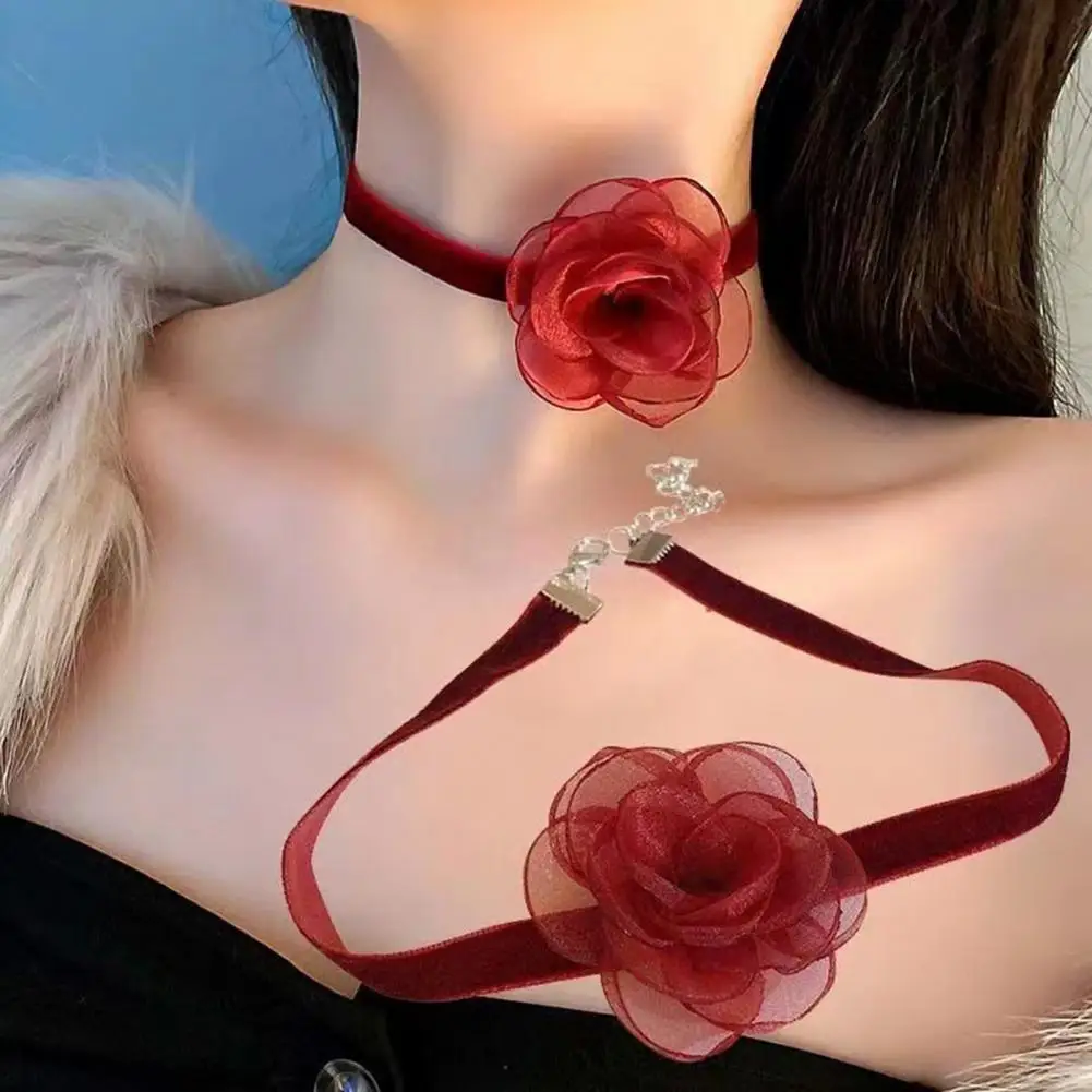 

Attractive Necklace Choker Breathable Women Neckband Solid Color Flower Style Ultra Long Ribbon Choker Necklace Gift Dress Up