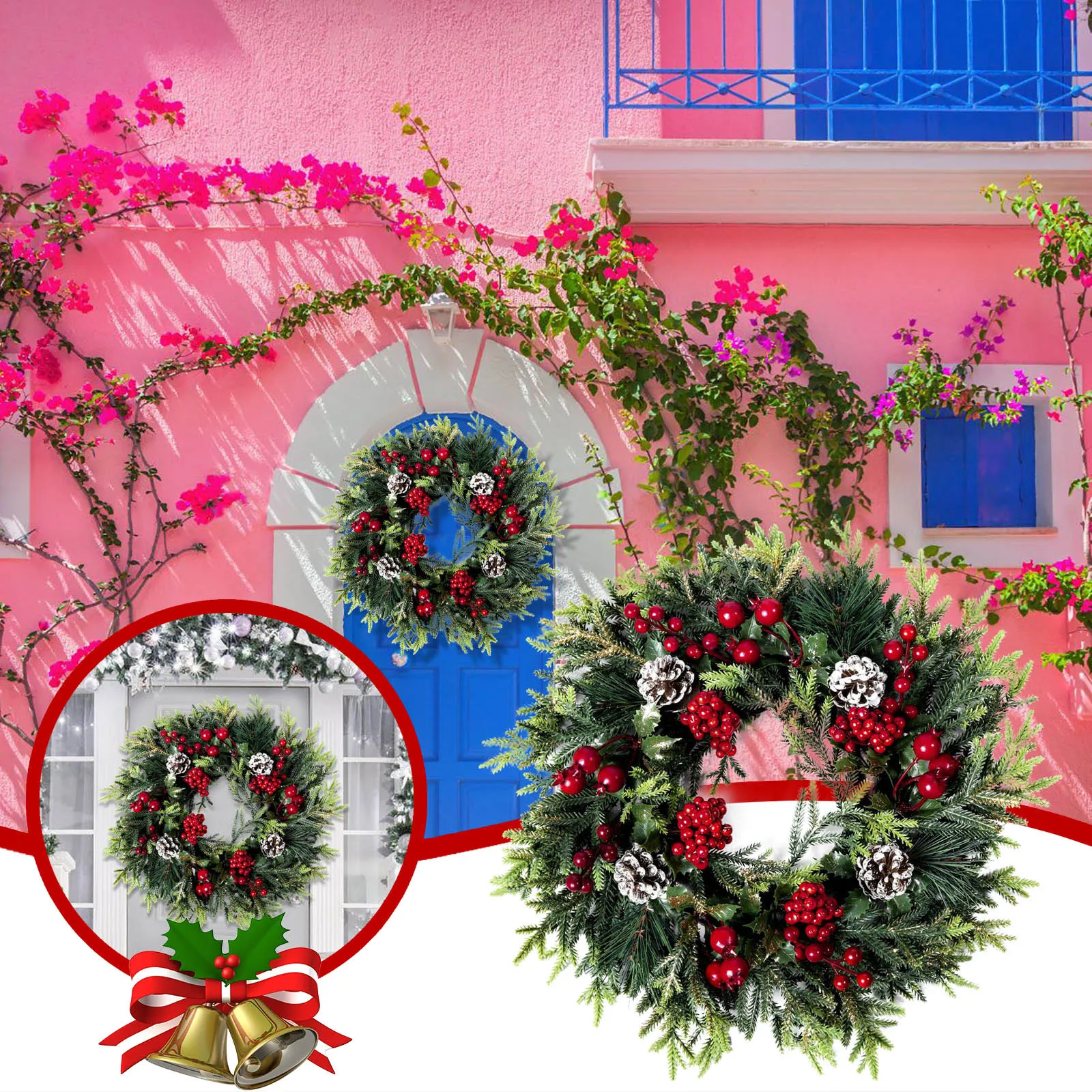 

Simulation Door Wreath Hanging Red Christmas Fruit Christmas Plastic Wreath Wall Decoration Hanging With Lights Christmas