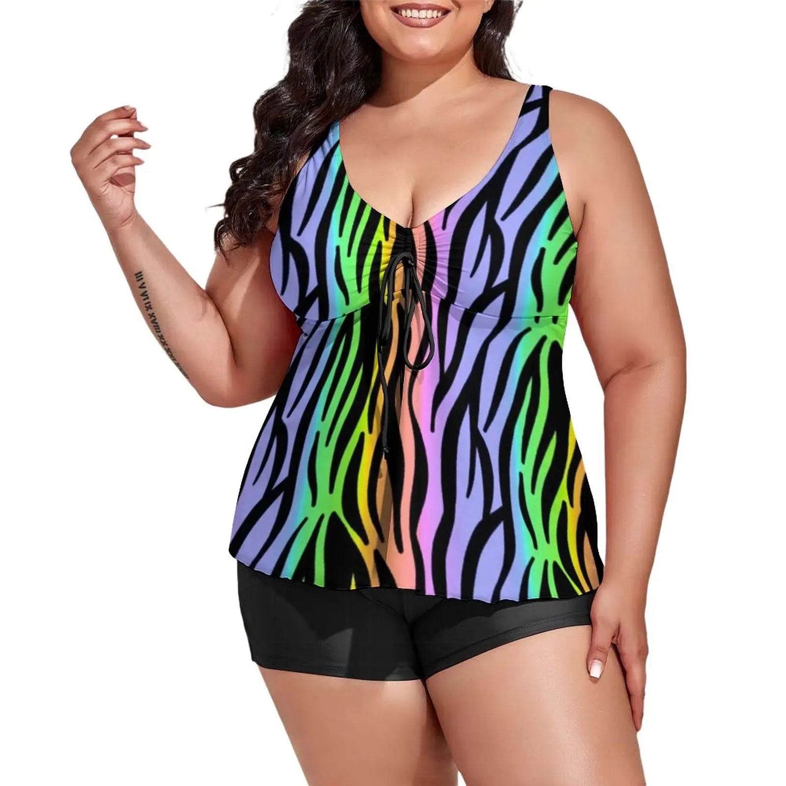 

Rainbow Tiger Print Tankini Swimsuit Animal Pride Sweet Swimwear Two-Piece Bathing Suit Woman Adjustable Fitness Beach Wear