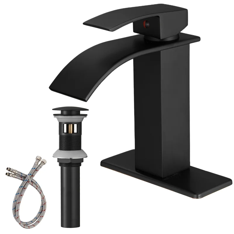 

Waterfall Single Hole Single-Handle Low-Arc Bathroom Faucet with Pop-up Drain Assembly In Matte Black Matte Black