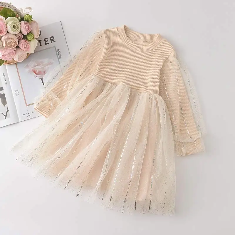 

Girls Princess Party Dress 2021 New Autumn Fashion Kids Sweet Dress Baby Girl Knitted and Mesh Vestidos Cute Suits