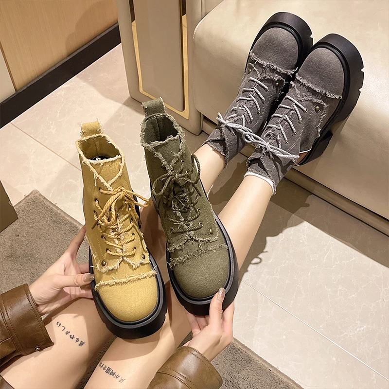 

Женские ботинки осенние ботинки-Женская обувь на плоской подошве с круглым носком на шнуровке 2023 женская элегантная резиновая ковбойская обувь на среднем каблуке из хлопка