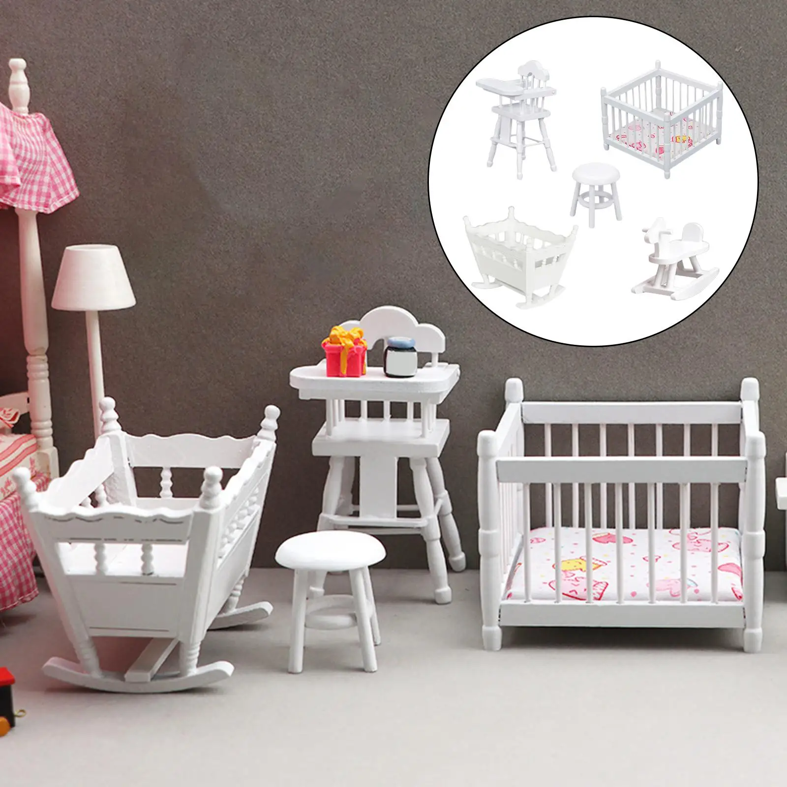 

Wooden Dollhouse Bedroom Set Miniature 1/12 Dining Chair Stool Decor Life Scene