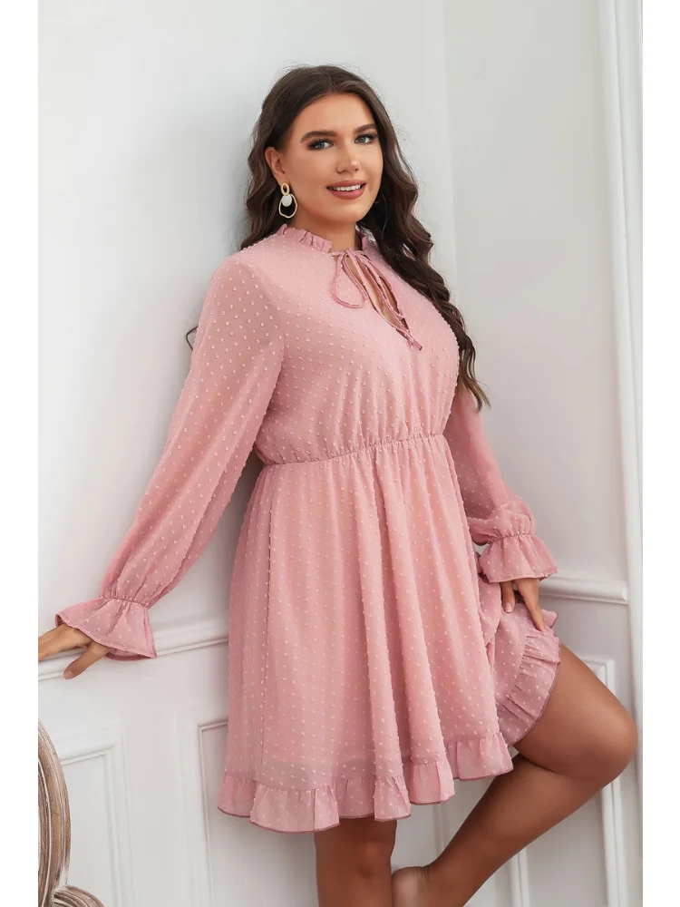 New plus size women short-sleeved V-neck fashion slim ruffled waist pink short dress plus size outfits  party dresses