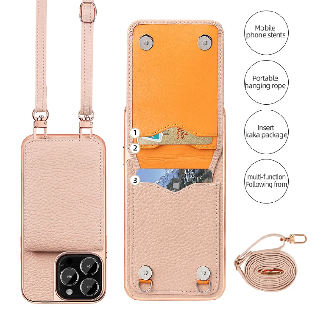 

Crossbody Card Slot Holder Phone Case For iphone 14 Plus 13 Pro Max Necklace Strap Lanyard Cord Leather Electroplated Cover