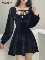 black velvet slim dress woman vintage 2022 autumn korean fashion y2k mini dress elegant long sleeve short party dress female