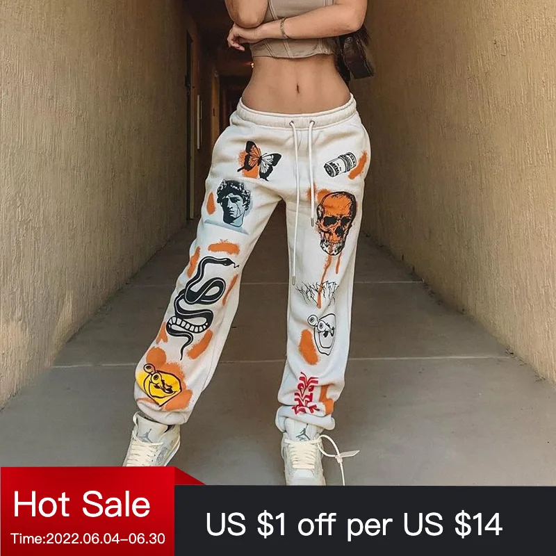 

Hip Hop Casual Sweat Pants Y2K Women's Exercise Pants Harajuku Cartoon Printed Jogger e-girl pants with string Cargo Streetwear