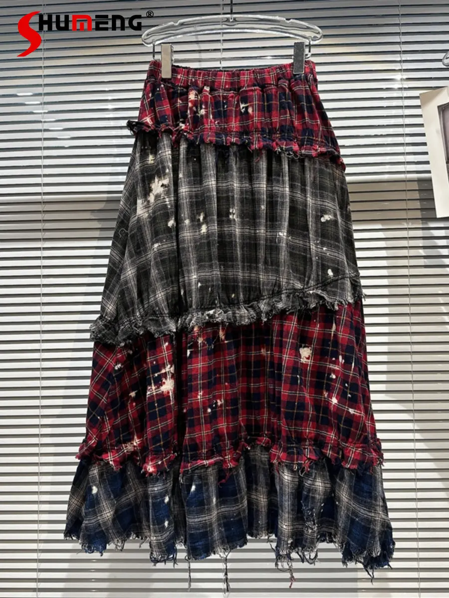 

2023 Spring New Ladies Fashion Ethnic Style Stitching Plaid Mid-calf Skirt Women's Casual Trendy Elastic Waist A- Line Skirt
