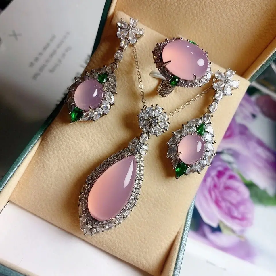 

925 silver-plated inlaid ice powder chalcedony temperament water drop set agate earring ring three-piece set
