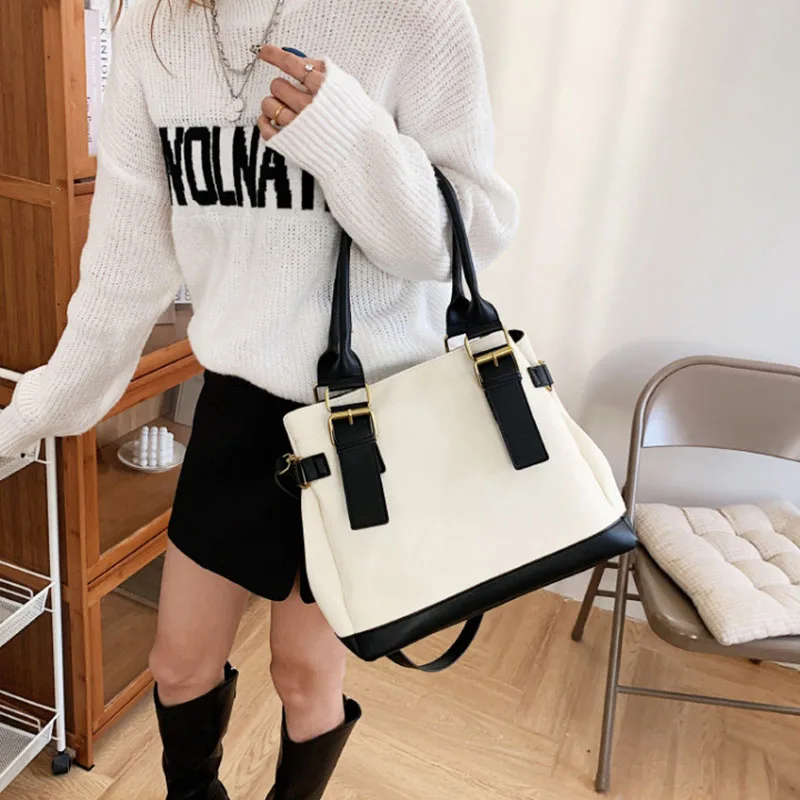 High-capacity Fashion Canvas Handbag Simple Color Contrast Single Shoulder Messenger Bags Commuter Versatile Tote Crossbody Bag